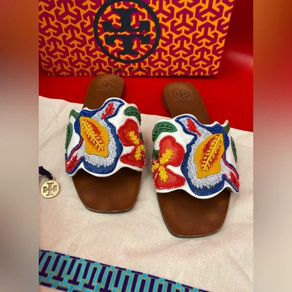 Tory Burch Bianca floral beaded flat sandals size 7 1/2 - Picture 3 of 14